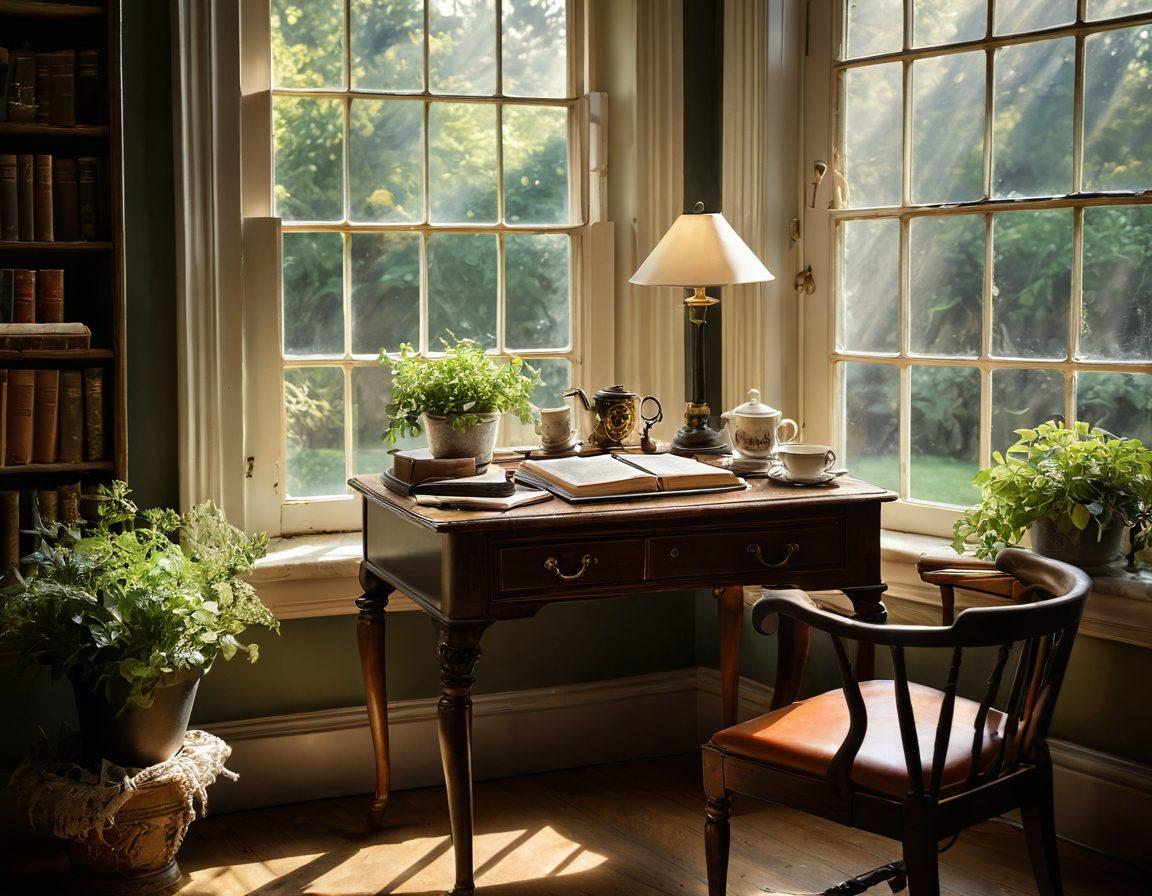 A cozy, inviting scene of a vintage writing desk by a window, sunlight streaming in, adorned with old diaries and a steaming cup of tea. Outside the window, the backdrop features the iconic Spencer House, with vibrant greenery and local legends represented through whimsical floating thought bubbles. The atmosphere radiates warmth and nostalgia, enticing readers to dive into the stories. super-realistic. vibrant colors. soft focus.