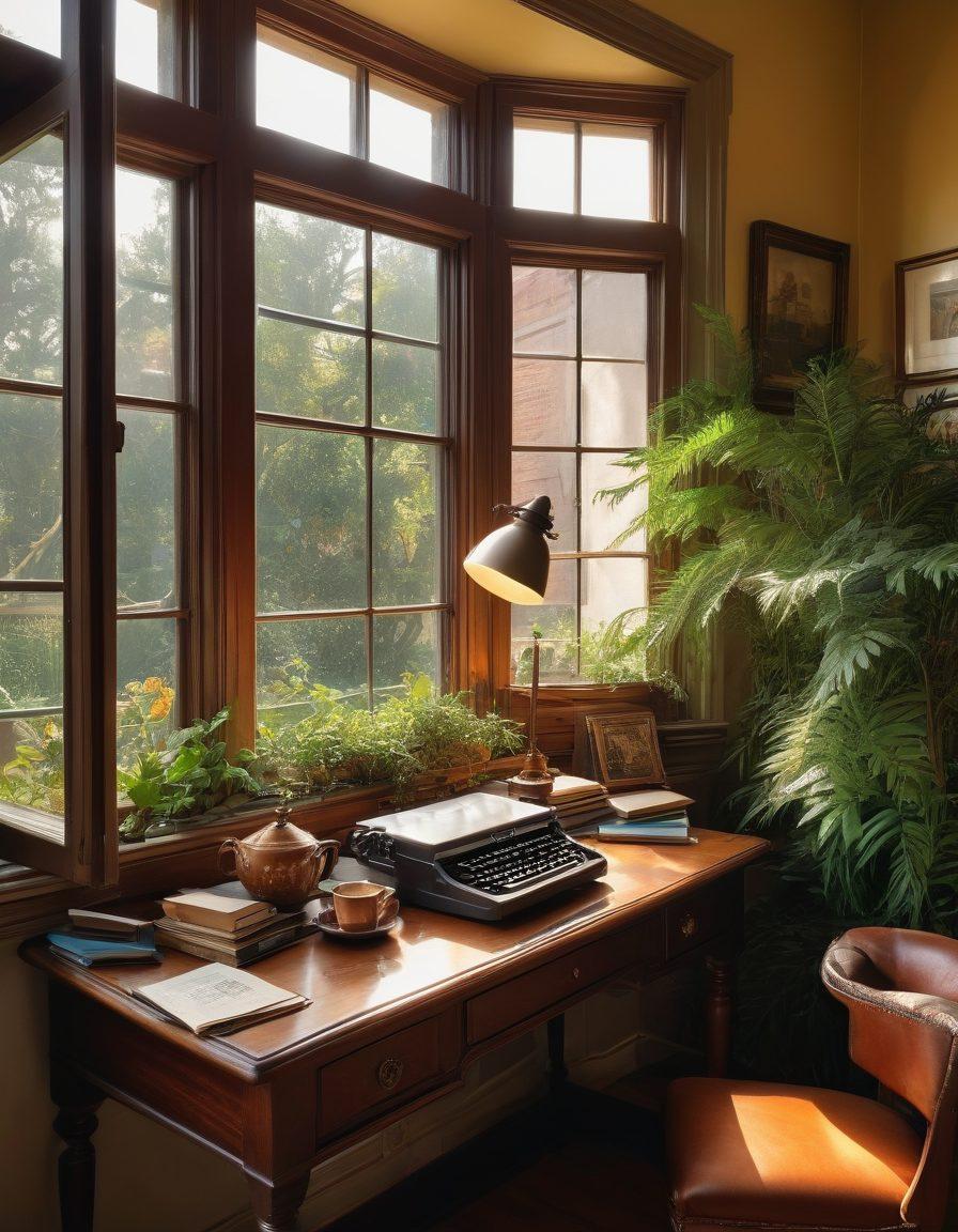 A cozy, elegantly staged writing nook in Spencer House, with an antique wooden desk scattered with vintage books, a steaming cup of coffee, and a laptop. Sunlight filters through large windows adorned with lush greenery, while a bookshelf filled with colorful novels adds warmth. In the background, hints of a bustling city can be seen through the glass, capturing the essence of both artistic solitude and urban inspiration. super-realistic. warm tones. vibrant colors. natural light.