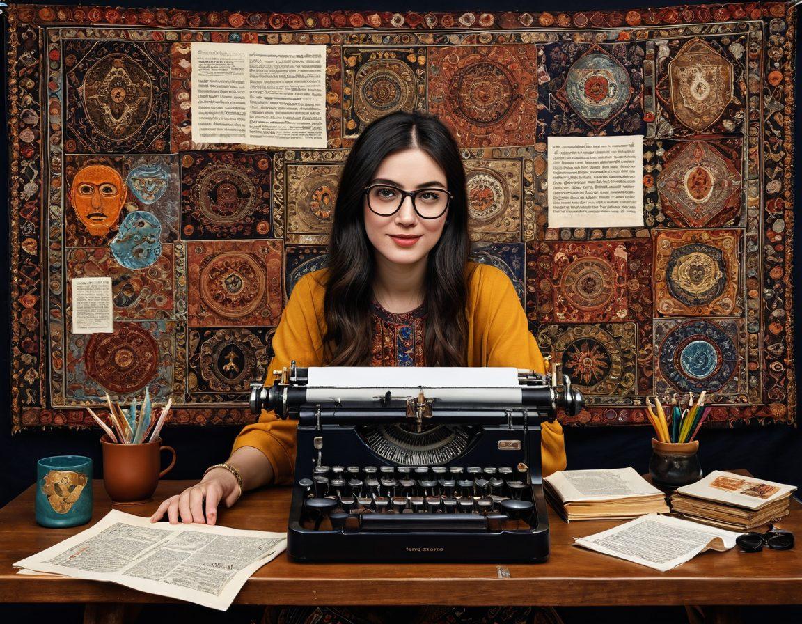 A vibrant tapestry depicting a blogger at a vintage typewriter, surrounded by artifacts from various cultures - masks, textiles, and scrolls. The background illustrates interconnected stories with flowing ink transforming into cultural symbols, showcasing the fusion of blogging with heritage. Include warm, inviting colors to evoke nostalgia and creativity. super-realistic. vibrant colors. intricate details.